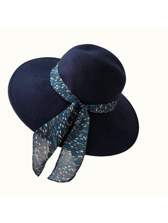 NWT Nordstrom Navy Wool Wide Brim Floppy Hat Women OS Scarf Tie Band Adjustable main image 5